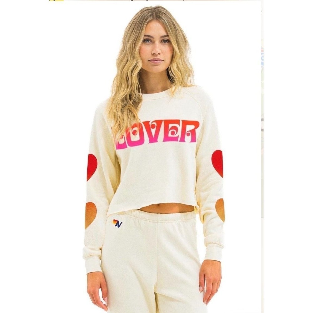 Aviator Nation Lover Heart Fade Cropped Crew Sweatshirt White Pink Red Medium